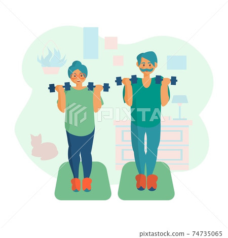 Senior couple doing exercises with dumbbells Workout at home Cartoon illustration 74735065