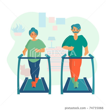 Senior couple on treadmill Workout at home Cartoon illustration 74735066