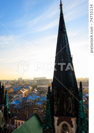 View of Lviv city from bell tower of Church of Sts. Olha and Elizabeth. Lvov cityscape, Ukraine 74735134