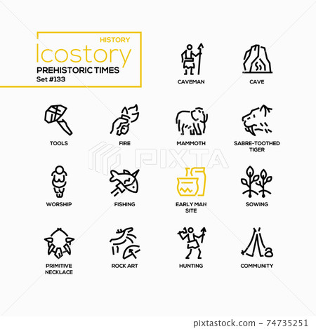 Prehistoric times - line design style icons set - Stock Illustration ...