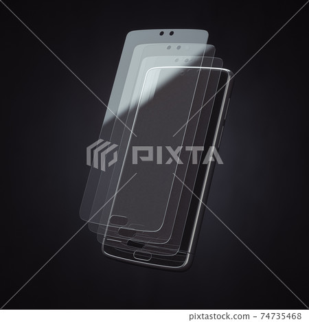 Smartphone screen protector glass or film cover. Transparent multi layered glass shield for mobile phone. 3d illustration 74735468