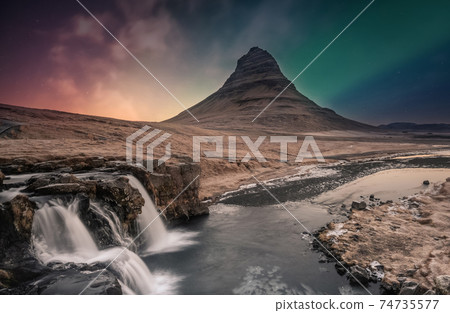 iceland, aurora, waterfall 74735577
