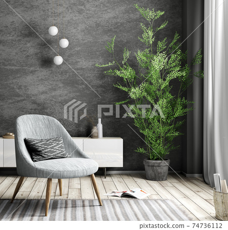 Gray armchair over black wall, interior of modern living room, home design 3d rendering 74736112