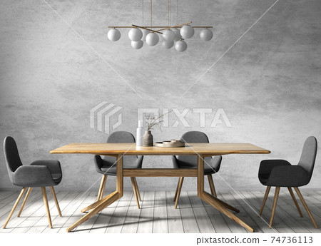 Interior design of modern dining room, wooden table and black chairs 3d rendering Interior design of modern dining room, wooden table and black chairs 3d rendering 74736113