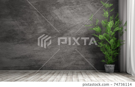 Interior background of room with black stucco wall and pot with plant 3d rendering 74736114