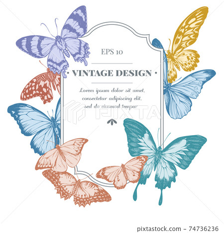 Badge design with pastel blue morpho, red lacewing, african giant swallowtail, alcides agathyrsus 74736236