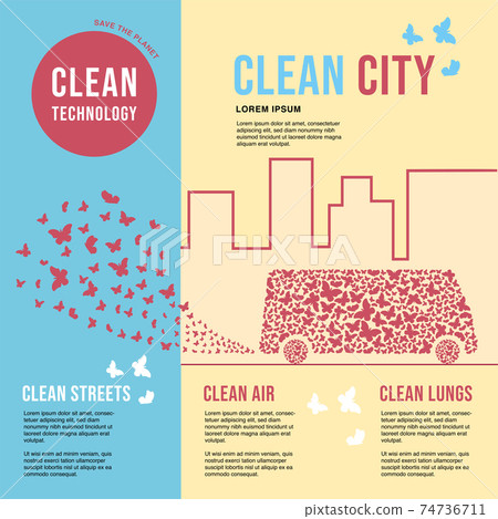 A bus in the form of a cloud of butterflies. Exhaust fumes in the form of a cloud of butterflies. Environmental protection concept. Poster 74736711