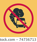 Sign prohibiting hazardous exhaust fumes. Bus icon with exhaust gases. Exhaust gases from buses. Environmental pollution. Smog. Parking prohibition sign when the engine is running 74736713