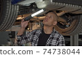 Young African man examining his automobile at the workshop 74738044