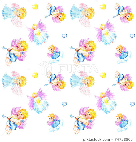 Handmade watercolor pattern with cute angels in the clouds. Handmade watercolor pattern with cute angels in the clouds. 74738803