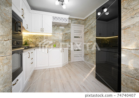 Modern classic white kitchen interior with wooden furniture Modern classic white kitchen interior with wooden furniture 74740407