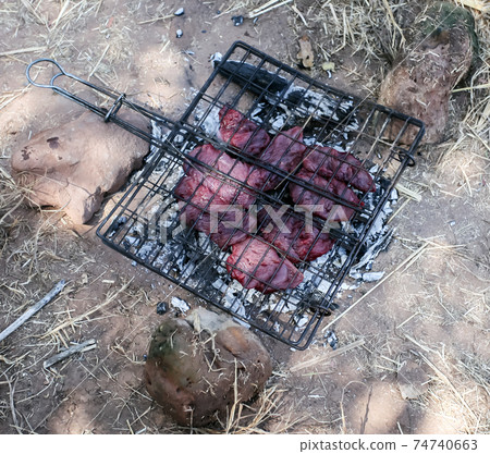 Wild meat is roasted on coals in a metal grill. Wild meat is roasted on coals in a metal grill. 74740663