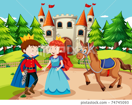 Scene with prince and princess at the castle 74745093