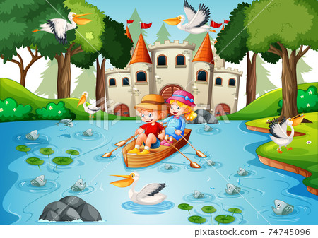 Two children row the boat in the river park scene 74745096