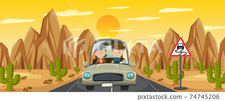 Pensioner couple driving on the desert road trip 74745206