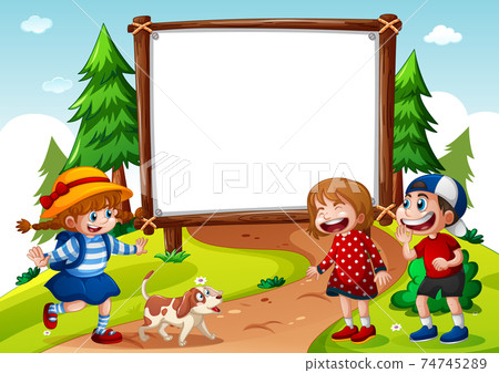 Blank banner with three kids in nature scene 74745289