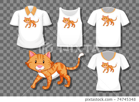 Cat cartoon character with set of different shirts isolated on transparent background 74745348