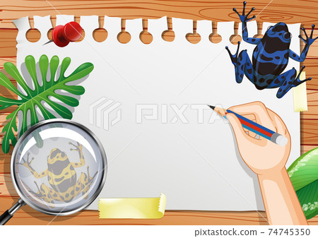 Blank paper on the table top view with leaves and frog elements 74745350