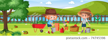 Girls gardening in nature Girls gardening in nature 74745396