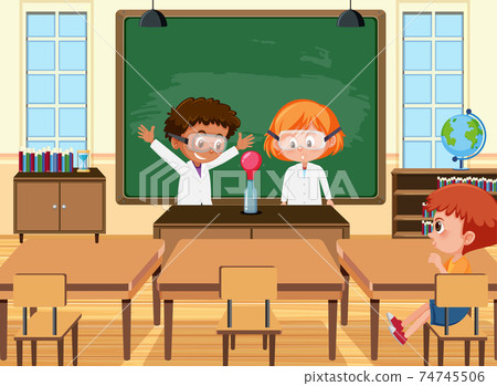 Young student doing science experiment in the classroom scene Young student doing science experiment in the classroom scene 74745506