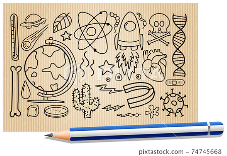 Different doodle strokes about science equipment on a paper 74745668