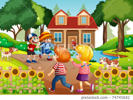 Outdoor scene with many children visiting their friends Outdoor scene with many children visiting their friends 74745682