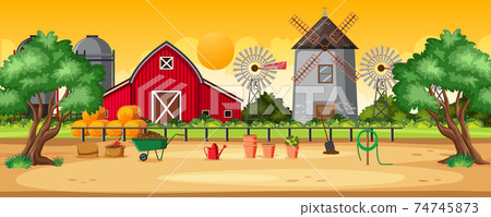 Rural farm landscape sunset 74745873