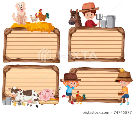 Set of different empty banner with farmer and animals on white background Set of different empty banner with farmer and animals on white background 74745877