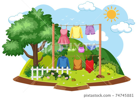 Drying clothes in outdoor scene 74745881