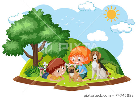 Happy kids playing with dogs Happy kids playing with dogs 74745882
