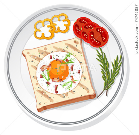 Top view of breakfast set on a dish isolated Top view of breakfast set on a dish isolated 74745887