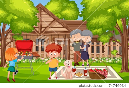 Picnic scene with happy family in the garden 74746084
