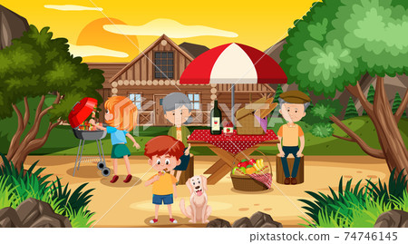 Picnic scene with happy family in the garden - Stock Illustration  [74746145] - PIXTA