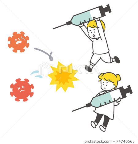 一個孩子拿著注射器和殺死病毒的圖像插圖 74746563
