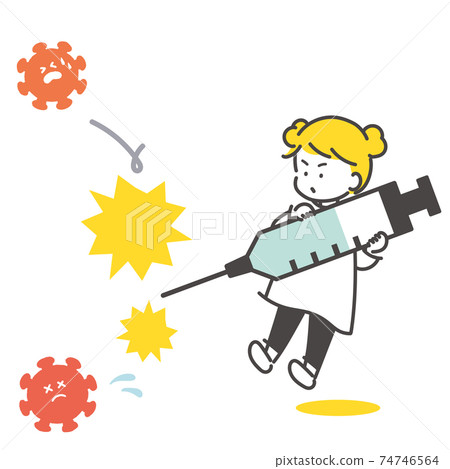 拿著注射器和殺死病毒的女孩的圖像例證 拿著注射器和殺死病毒的女孩的圖像例證 74746564