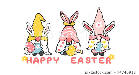Three Cute sweet Easter Bunny gnome with rabbit ears, Happy Easter cartoon vector banner 74746918