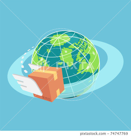 Isometric Cardboard Box Flying Around The World Isometric Cardboard Box Flying Around The World 74747769