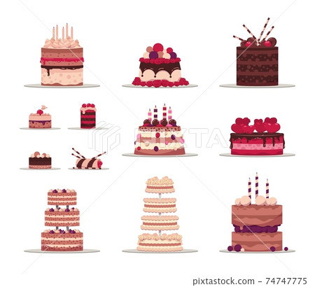 Cartoon cake. Chocolate and fruit delicious dessert, wedding pastry and birthday pie. Traditional celebration meal decorated with cream and candles. Vector assortment of confectionery 74747775