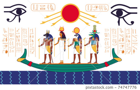 Egypt scene. Ancient mythology fresco with Egyptian religious characters and hieroglyphs. Gods sailing on boat on water. Old traditional art, sacred mural. Vector historic illustration 74747776