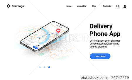 Phone city map landing page. Mobile delivery application interface. Online tracking courier route on urban plan. Website UI design, smartphone service with buttons. Vector web mockup Phone city map landing page. Mobile delivery application interface. Online tracking courier route on urban plan. Website UI design, smartphone service with buttons. Vector web mockup 74747779