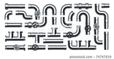 Realistic pipes. Water tube pipelines with valves, joints and connections, plumbing factory steel glossy metallic disassembled elements, vector 3D metal industrial conduit construction 74747839