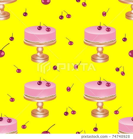 eamless pattern of slice of pink cake with cherries. Vector illustration isolated on a yellow background. eamless pattern of slice of pink cake with cherries. Vector illustration isolated on a yellow background. 74748928