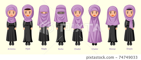 Types of Islamic traditional veils of female in cartoon character Types of Islamic traditional veils of female in cartoon character 74749033