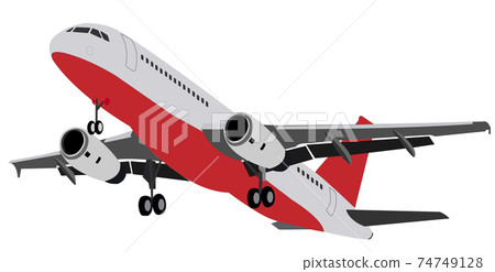 Twin-engine wide-bodied passenger aircraft. Gray plane with a red bottom and a landing gear. 74749128