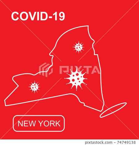 Map of New York State labeled COVID-19. White outline map on a red background. Map of New York State labeled COVID-19. White outline map on a red background. 74749138