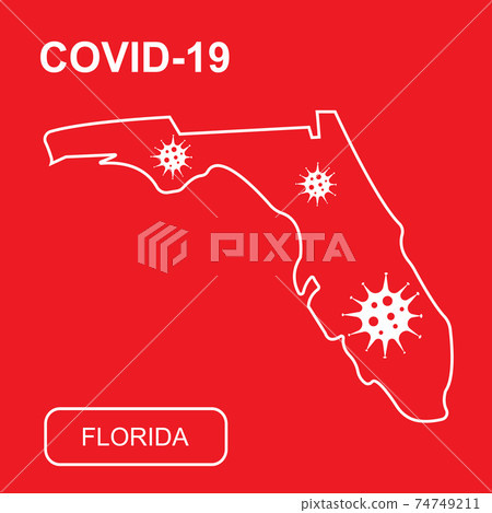 Map of Florida State labeled COVID-19. White outline map on a red background. Map of Florida State labeled COVID-19. White outline map on a red background. 74749211