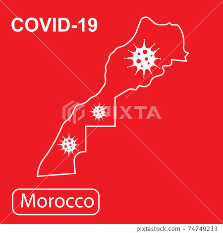 Map of Morocco labeled COVID-19. White outline map on a red background. Map of Morocco labeled COVID-19. White outline map on a red background. 74749213