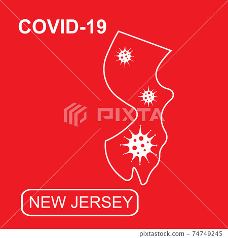 Map of New Jersey State labeled COVID-19. White outline map on a red background. Map of New Jersey State labeled COVID-19. White outline map on a red background. 74749245