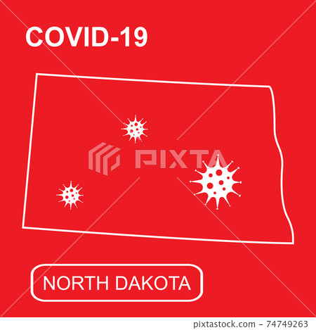 Map of North Dakota State labeled COVID-19. White outline map on a red background. Map of North Dakota State labeled COVID-19. White outline map on a red background. 74749263