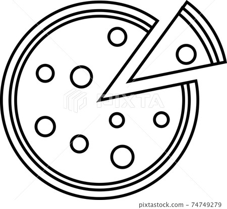 Round pizza with cut piece contour isolated on white background. Round pizza with cut piece contour isolated on white background. 74749279